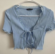 SHEIN Blue Ribbed Knit V-Neck Short Sleeve Cr...