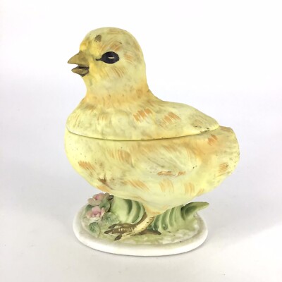 Lefton Baby Easter Chick Candy Dish with Lid Easter Trinket Box Bisque Vintage