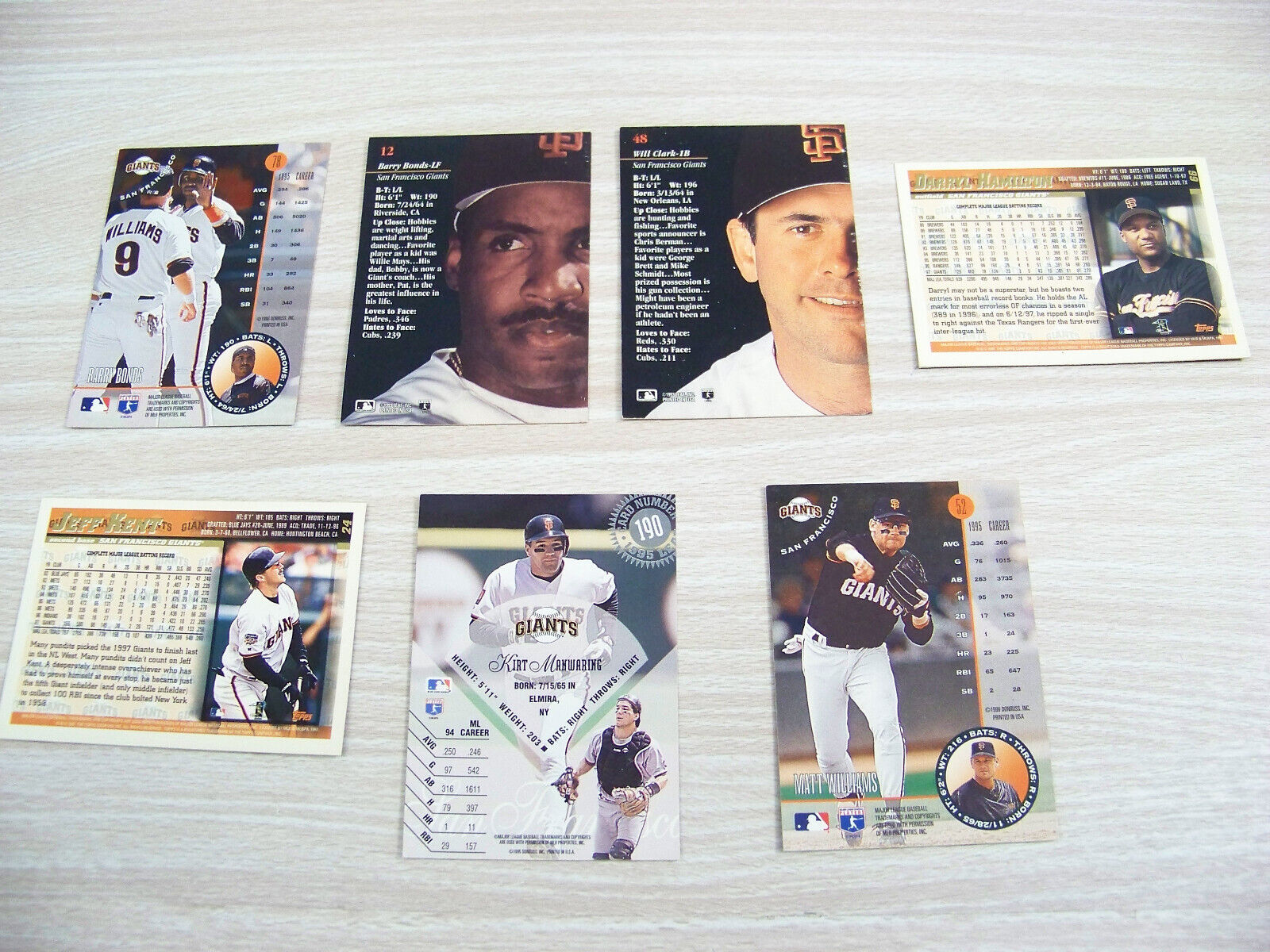 Lot of 7 SF Giants Baseball Cards - Bonds, Clark, Kent, Williams