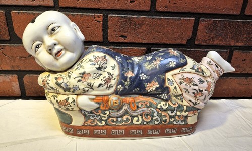 Antique Porcelain Chinese Boy Figural Pillow Hand Painted Antiquity