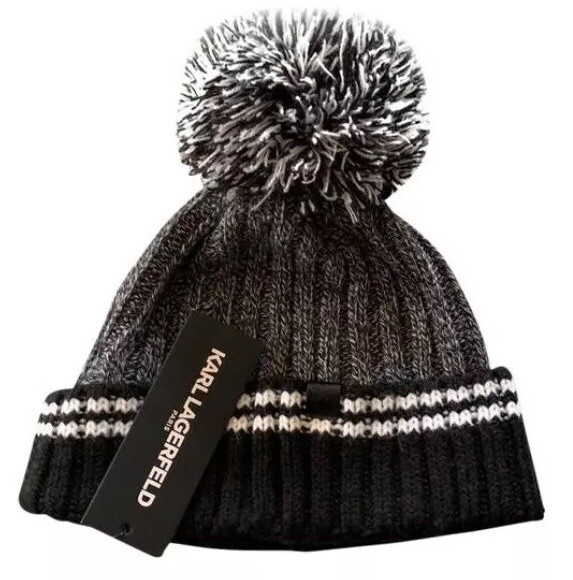 NEW Karl Lagerfeld Paris Pom Pom Winter Beanie Hat Knit Cap 