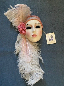 Beautiful Clay Art Style Ceramic Face Wall Mask. Fancy lady with feathers!