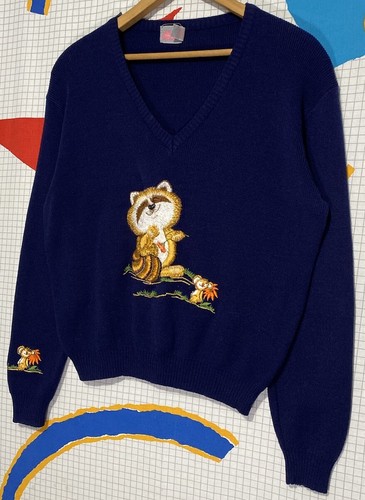 Vintage 80s JCPenney Raccoon Sweater Medium Mushroom Mouse 70s Hippie Nature - Picture 5 of 7