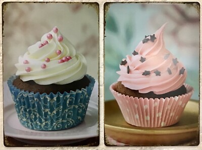 TWO 8x12 TIN SIGNS Cupcakes bake baking blue pink dessert sweets kitchen bakery