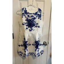 Womens Small Girls Formal Floral Fit & Flare Dress White Navy Blue Sleeveless