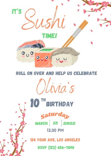 It's Sushi Time! Sushi Birthday Party Invitation Self Print at Home