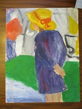 MidCentury Modern MCM Modernist Abstract Girl Bonnet Gouache Watercolor Painting