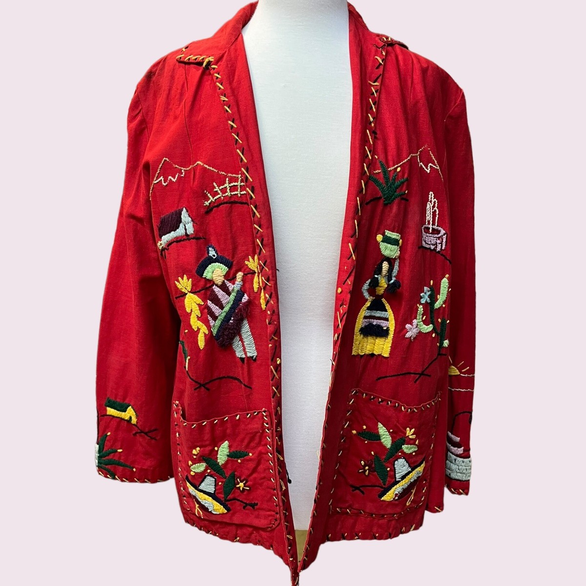 ジャケット・アウター 50s vintage mexican souvenir jacket Vintage 1940s/50s Red Embroidered Mexican Tourist Jacket 40s