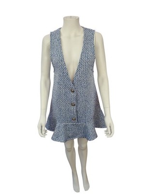 ZARA blaues Tweed V-Ausschnitt Button Down Weste Kleid Rüschen Volant Saum Gr. XS 