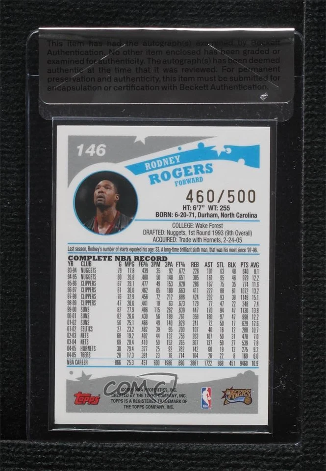 BAS 2005-06 Topps Black /500 Rodney Rogers #146 Seal of Authenticity Auto - Image 2 of 2