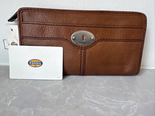 New NWT Vintage FOSSIL Marlow Leather Flap Clutch Wallet Chestnut Brown