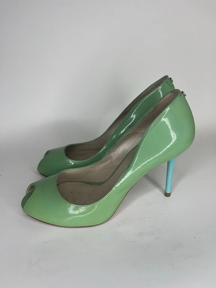 Tacones de aguja Karen Millen verde charol azul pastel peep mujer 38,5 EU/8M EE. UU. Foto 3 de 4