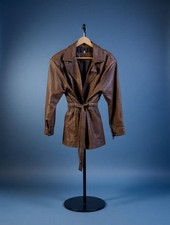 Vintage Brown Leather Belted Jacket   Longline, Notched Collar