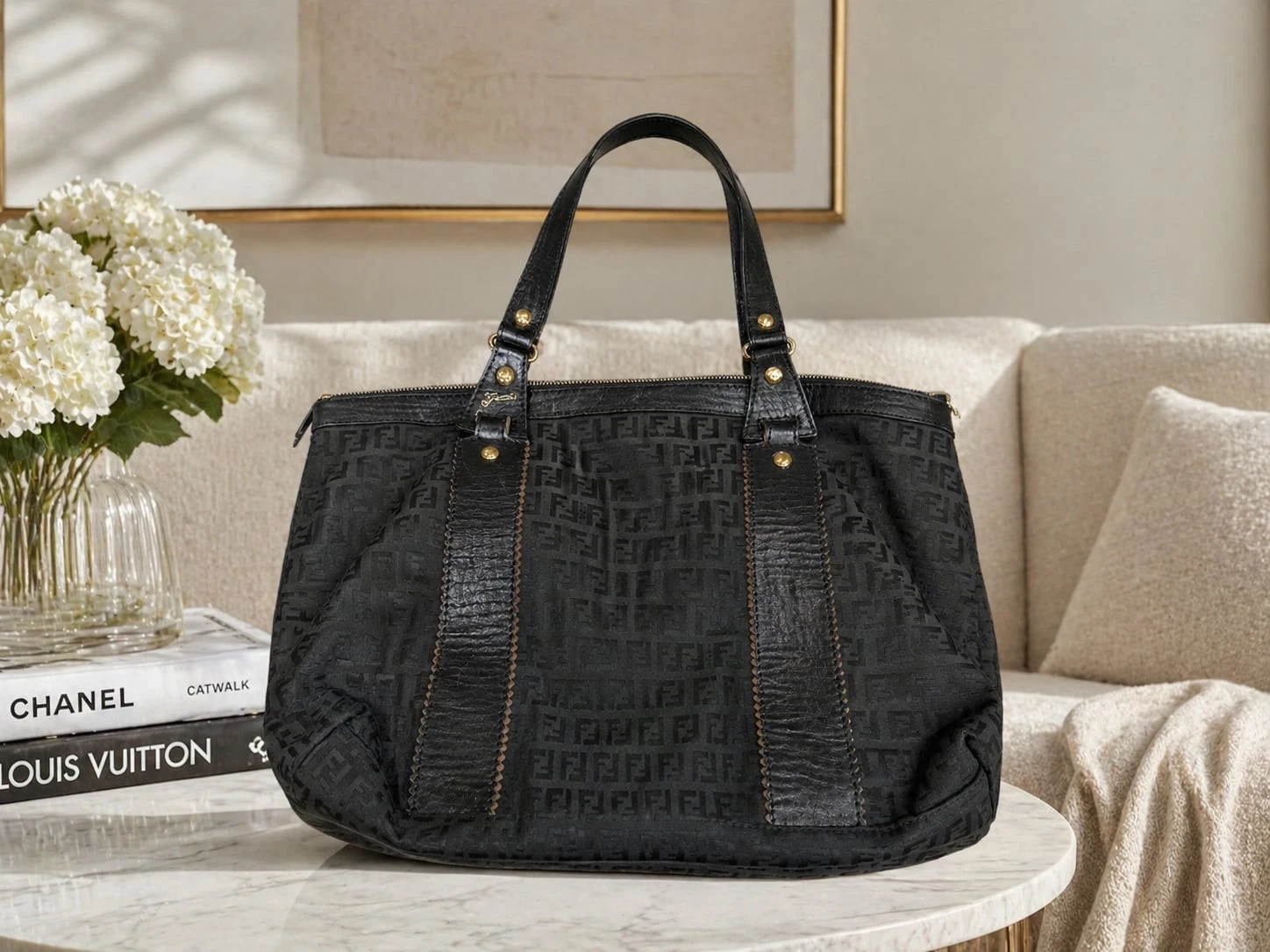 Fendi — Fendi Vintage Black Zucca Canvas Tote Bag with Scalloped Leather Trim