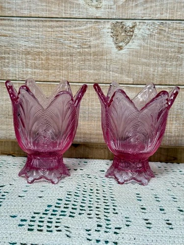 Vintage Fenton Art Glass Pink Tulip Votive 2-Way Candle Holder - Set of 2