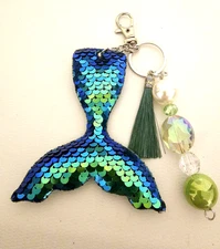 Mermaid Tail Keychain Sequin Blue Green Tassel Beads Bag Charm Ocean Gift Cute
