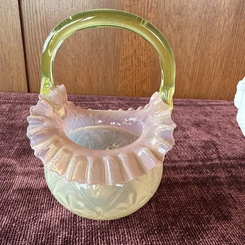 Fenton Burmese Art Glass Basket with Real Gold and Uranium. Pink and Green
