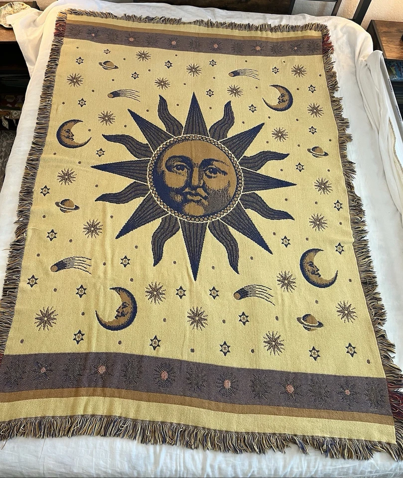 Vintage 90s Celestial Sun Moon & Stars Throw Blanket Tapestry Cosmos Whimsigoth - Image 4 of 4