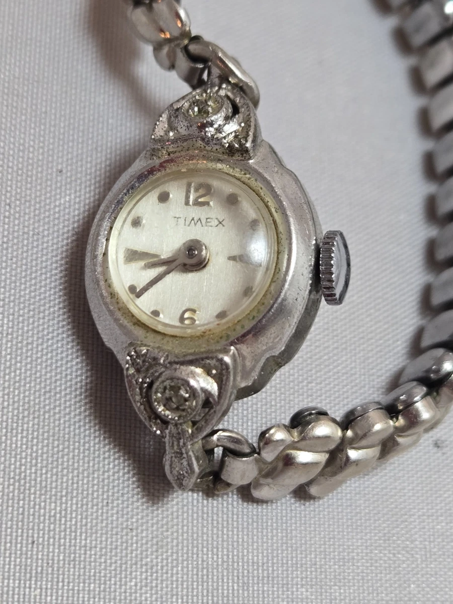 Ladies Vintage Diamond Timex Rhodium Plated Manual Wind Cocktail Watch Vintage TIMEX Rhodium Plated Ladies Diamond Wind-Up Watch  main image 2