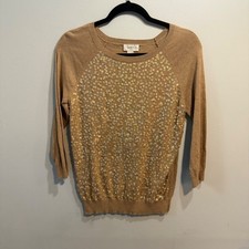 Ann Taylor LOFT Petites Tan Sequin Front 3/4 Sleeve Sweater SP Camel Gold Knit