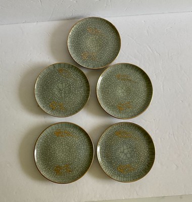 Vtg Somayaki Soma Ware Double Wall  Bread Plates 5 1/2''D Green Crackle Set of 5
