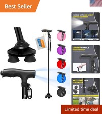Folding Walking Cane with LED Light,Pivoting Quad Base,Adjustable Walking Sti...
