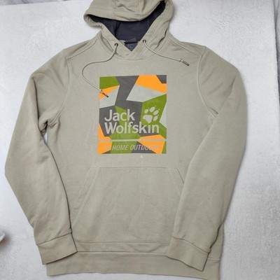 Jack Wolfskin Hoodie Mens Large Beige Pullover Hooded Pockets Lined Graphic