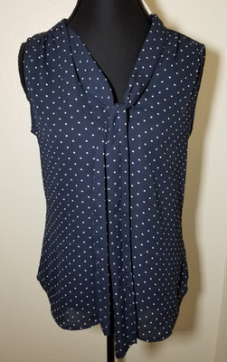 H&M Navy Polka Dot V Neck Front Tie Sleeveless Blouse Size 8 Preppy Office NWT