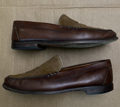 YANKO MEN'S Brown Leather Real Calf Hair Slip On Loaded Shoes Size 7E UK - Picture 5 of 8