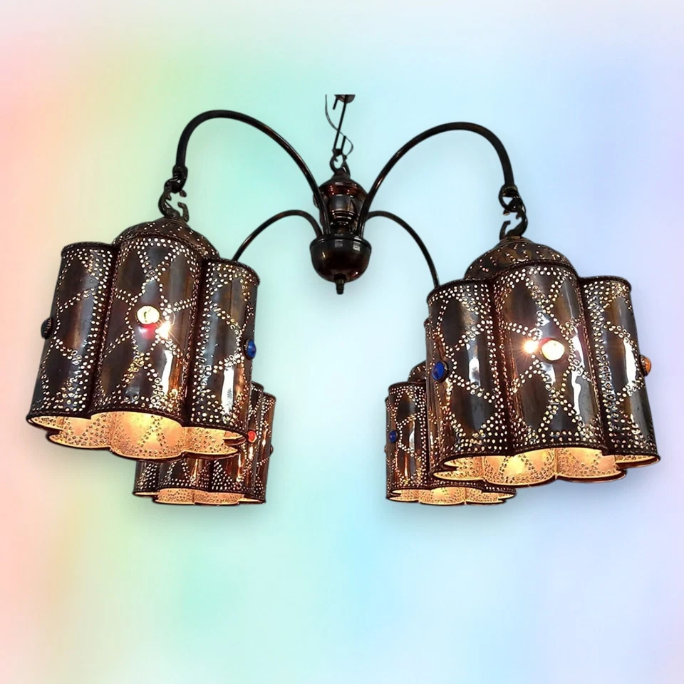 BR44 Unique Jeweled Brass Chandelier – Vintage-Inspired with Hand-Pierced Shades - Image 2 of 4