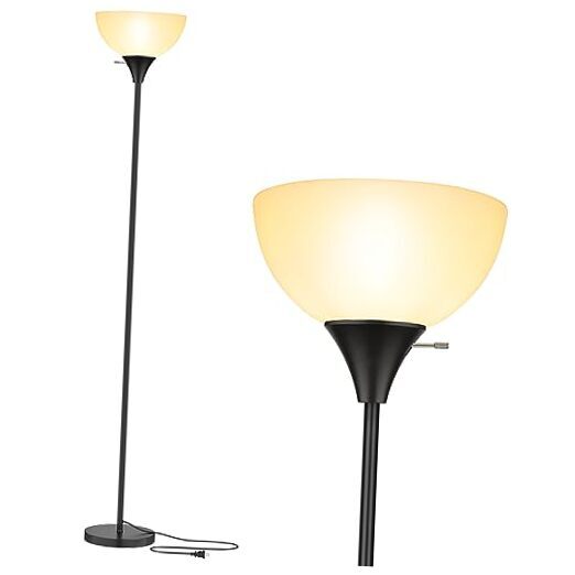 Modern Black LED Floor Lamp with White Plastic Shade Torchiere Design-image