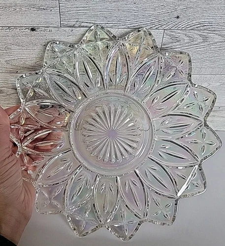 Vtg 1960s Federal  Iridescent 9 1/4” Carnival Glass Star Flower Plate Rainbow