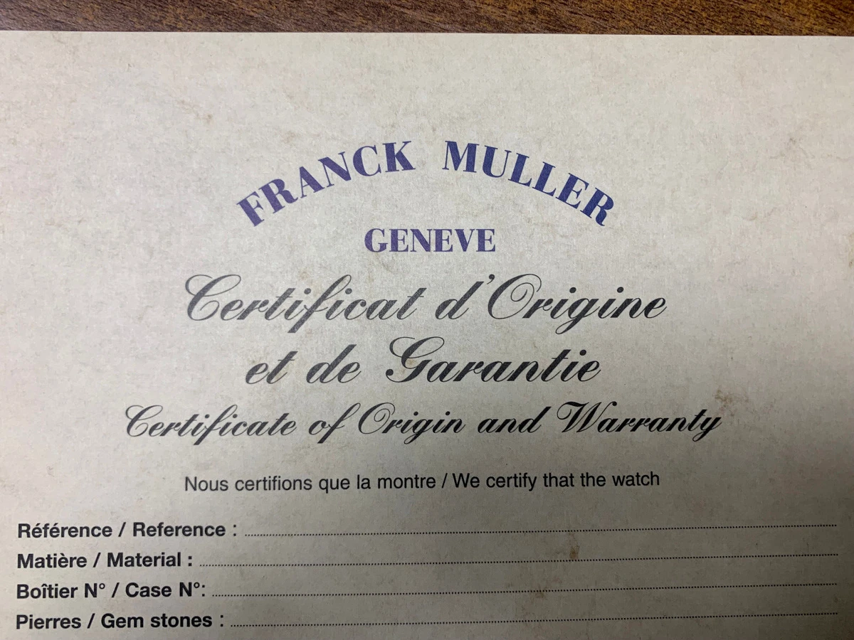 RARE GENUINE FRANCK MULLER A4 STAMPED OFFICIAL GUARANTEE