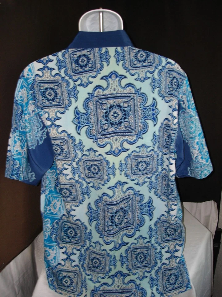 Vintage Prestige PD Bowler Blue Geo Design 100% Poly S/S Button Up Shirt Sz. L - Image 4 of 4