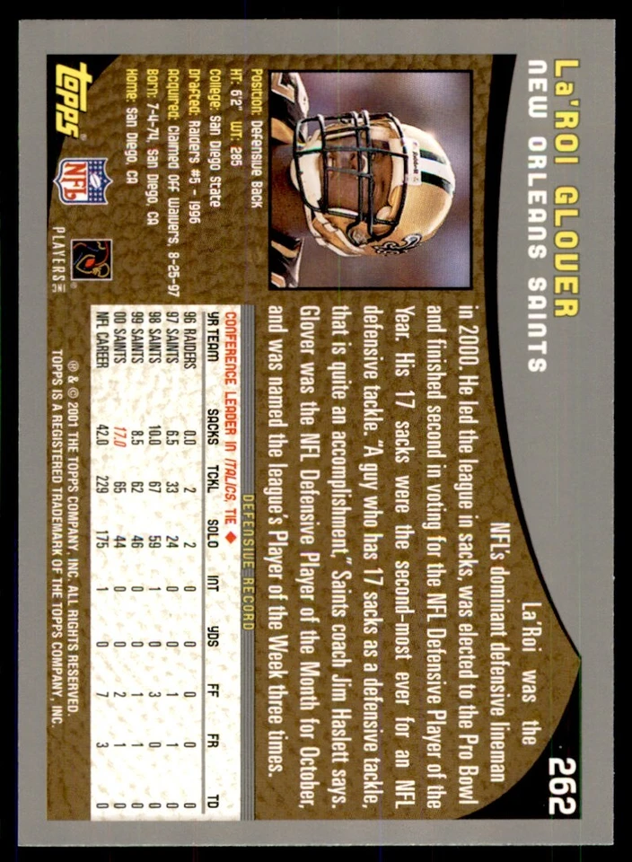2001 TOPPS LA'ROI GLOVER NEW ORLEANS SAINTS #262 - Image 2 of 2