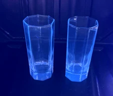 2 Vintage Clear Ribbed Octagon Juice Drinking Glasses, Has a Blue Manganese Glow