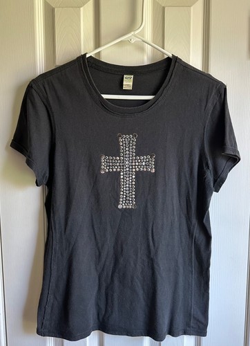 Damen X Large schwarz Kurzarm T-Shirt mit Strass Kreuz Baumwolle GUC