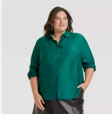 A New Day Long Sleeve Button-Down Shirt Dark Green - Womens 4X - NEW