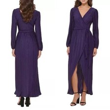 NWT GUESS Pleated Woven Faux-Wrap V-Neck Evening Maxi Dress Purple Sz 0