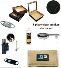 20 Ct Cigars Glass top Deep Black Humidor Cutters Lighter Ashtray kit Gift Set