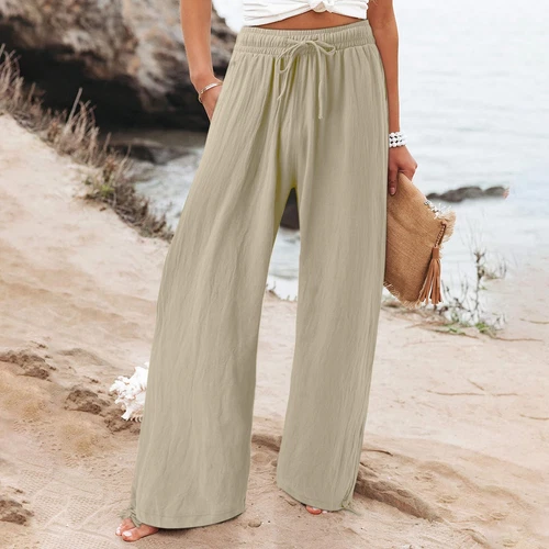 Women Loose High Waist Drawstring Cotton Linen Wide Leg Long Pants With Pockets - Picture 23 of 44