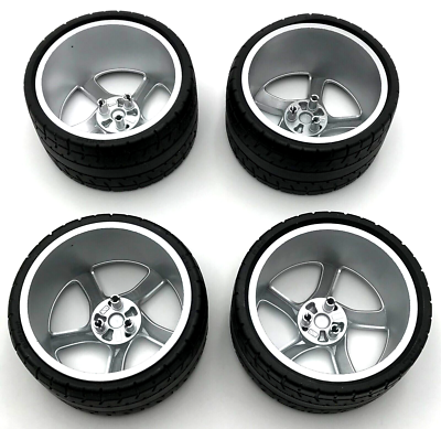 Lego 4 New Metallic Silver Wheels Technic Racing Large Black Tires