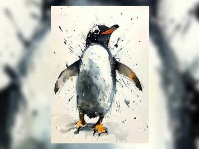 Niedliches Pinguin Aquarell 5''x7'' Druck auf mattem Papier | Entzückendes Splash-Kunstwerk