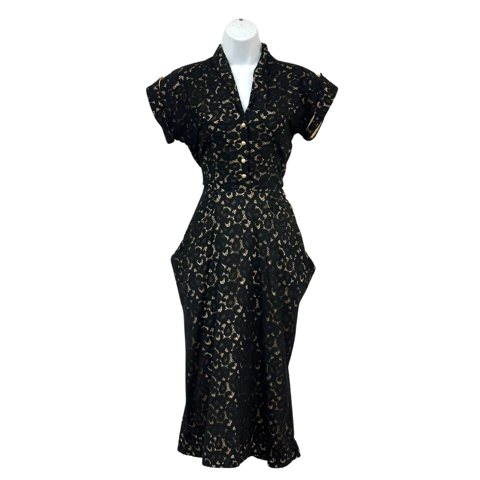 Винтажное черное кружевное платье 1940-х с карманами Nude Illusion - Изображение 2 из 4