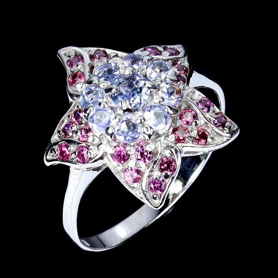 925 Anello Argento Sterling Rotondo Tanzanite Rodolite Granato Gemma Misura - Immagine 2 di 4