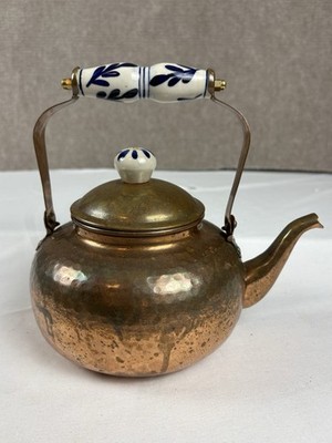 Modern Hammered  Copper Teapot Made in India With Delft-style Handle