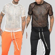 Men Shirts Tee T Shirts Autumn Transparent Crew Neck Fish Net Mesh Net
