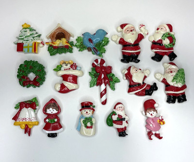 Vintage Resin Plastic Refrigerator Christmas Magnets Santa Birds Bells Lot of 15
