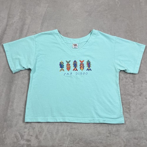 Vintage Crazy Shirts Hawaiihemd Damen mittelblau San Diego Fische Stickerei