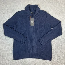 Frye And Co. Sweater Mens M Blue Cable Knit Shawl Collar Long Sleeve Pullover